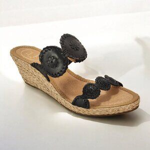 Jack Rogers Shelby Whipstitched Wedge Sandals Womens 9 Black Leather Heel 2.5"